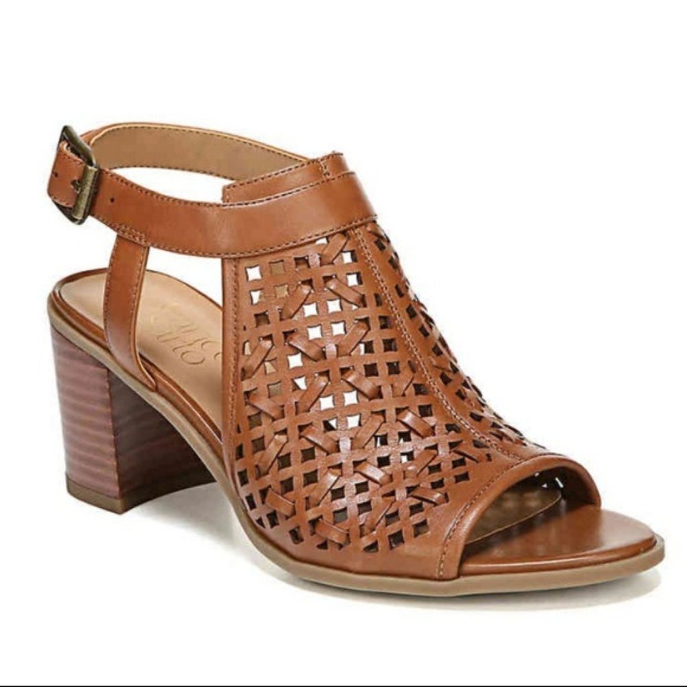 Franco Sarto Harlet 3 Woven Block Heel Sandal Size 8.5 Tan Brown Leather